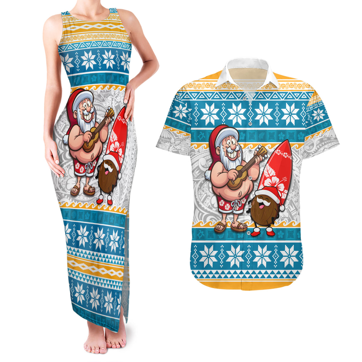 Hawaii Mele Kalikimaka Couples Matching Tank Maxi Dress and Hawaiian Shirt Funny Santa and Coconut Mix Kakau Pattern LT03 Blue - Polynesian Pride