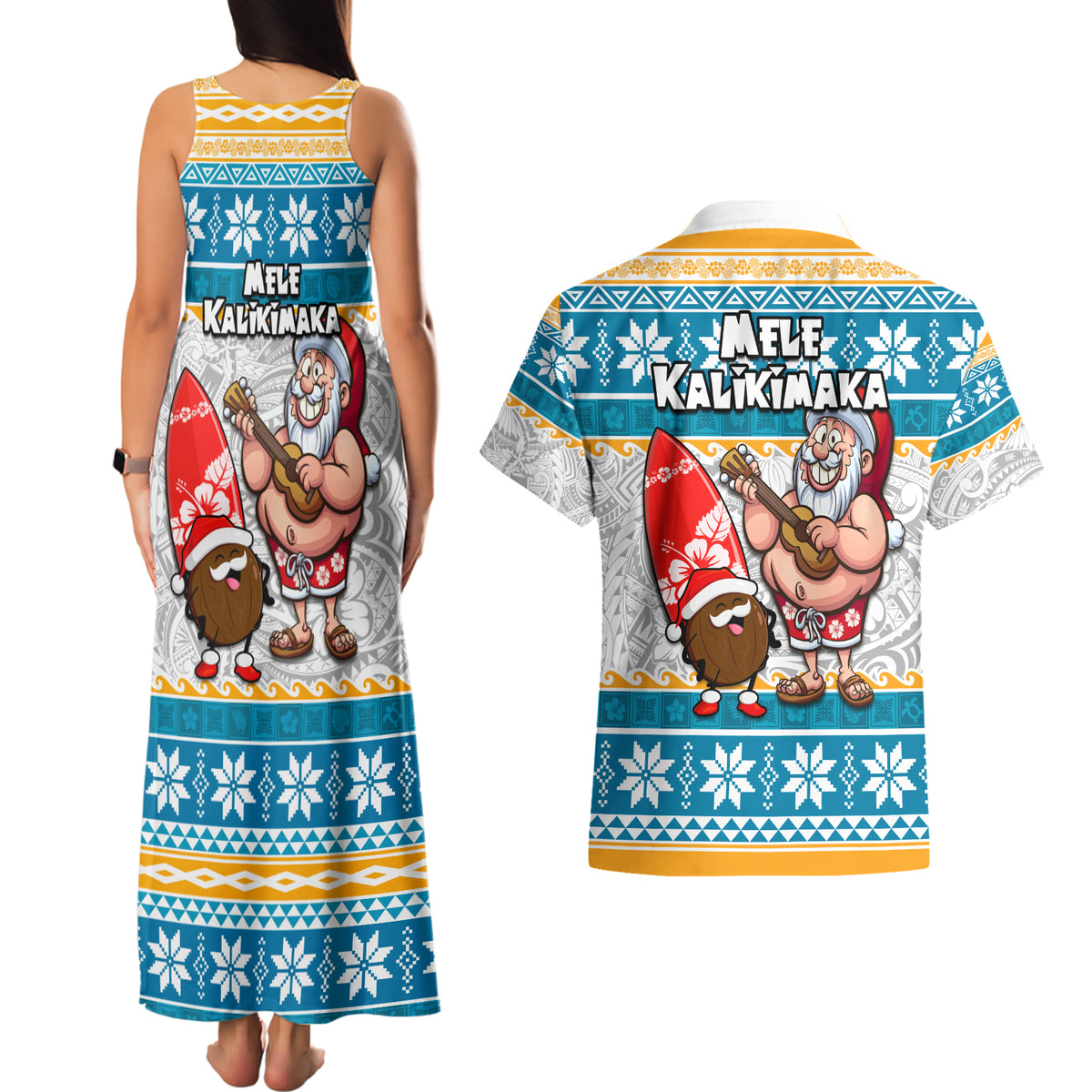 Hawaii Mele Kalikimaka Couples Matching Tank Maxi Dress and Hawaiian Shirt Funny Santa and Coconut Mix Kakau Pattern LT03 - Polynesian Pride