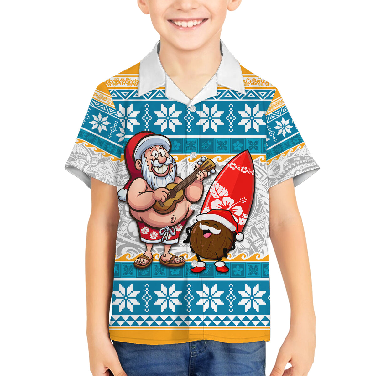 Hawaii Mele Kalikimaka Family Matching Off Shoulder Long Sleeve Dress and Hawaiian Shirt Funny Santa and Coconut Mix Kakau Pattern LT03 Son's Shirt Blue - Polynesian Pride