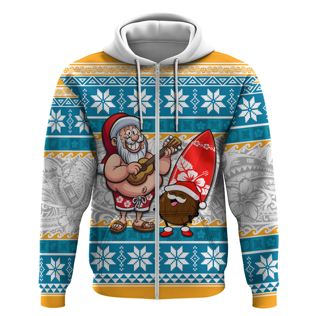 Hawaii Mele Kalikimaka Hoodie Funny Santa and Coconut Mix Kakau Pattern LT03 Zip Hoodie Blue - Polynesian Pride