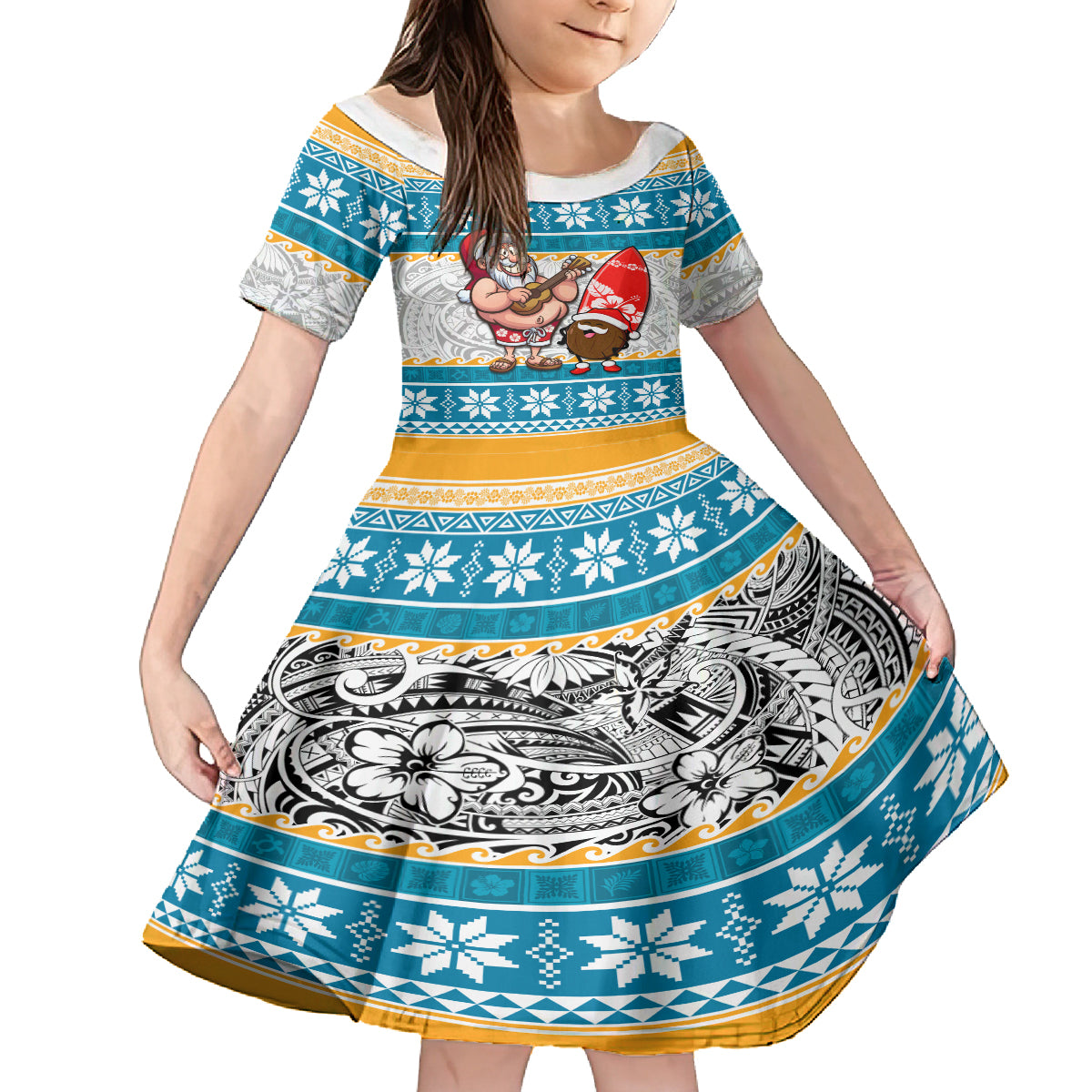Hawaii Mele Kalikimaka Kid Short Sleeve Dress Funny Santa and Coconut Mix Kakau Pattern LT03 KID Blue - Polynesian Pride