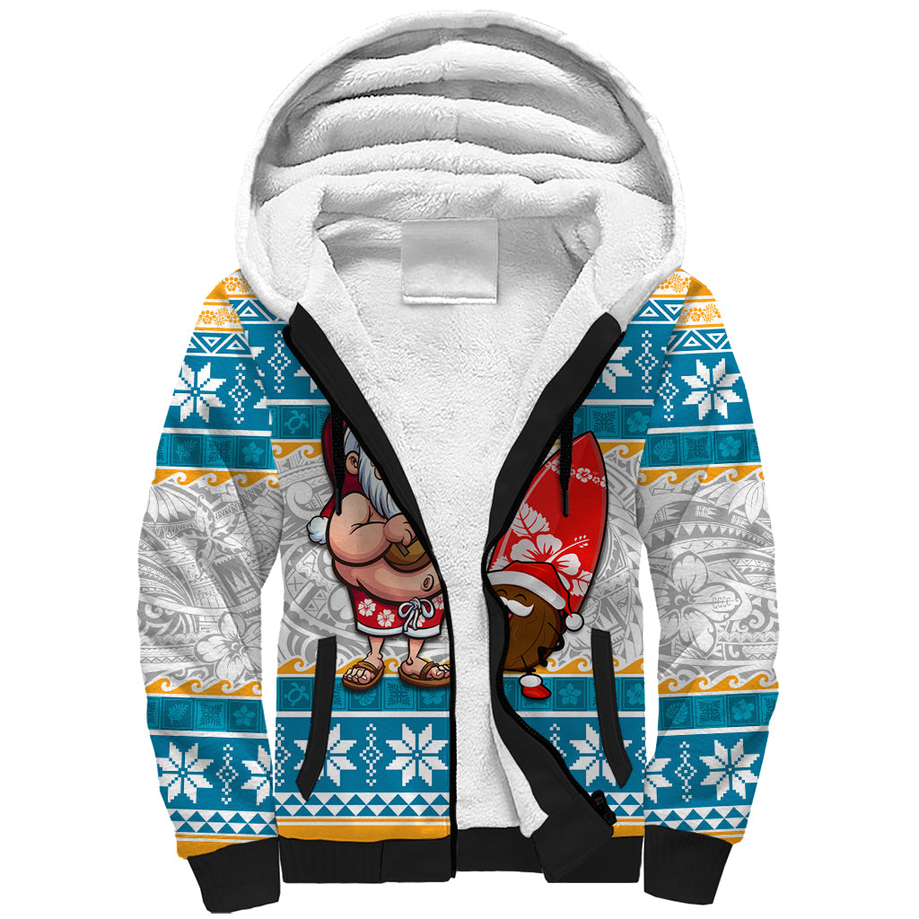Hawaii Mele Kalikimaka Sherpa Hoodie Funny Santa and Coconut Mix Kakau Pattern LT03 Unisex Blue - Polynesian Pride