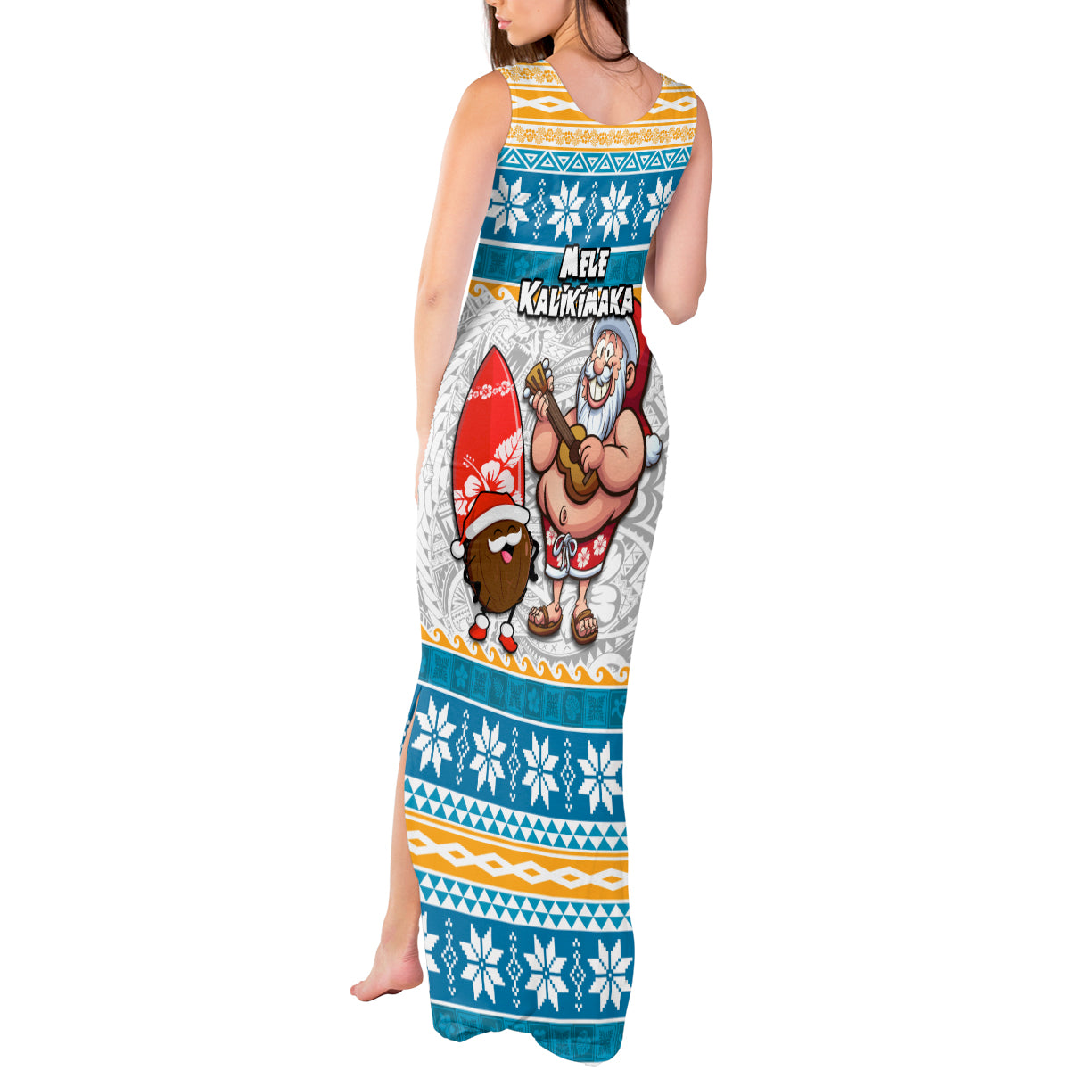 Hawaii Mele Kalikimaka Tank Maxi Dress Funny Santa and Coconut Mix Kakau Pattern LT03 - Polynesian Pride