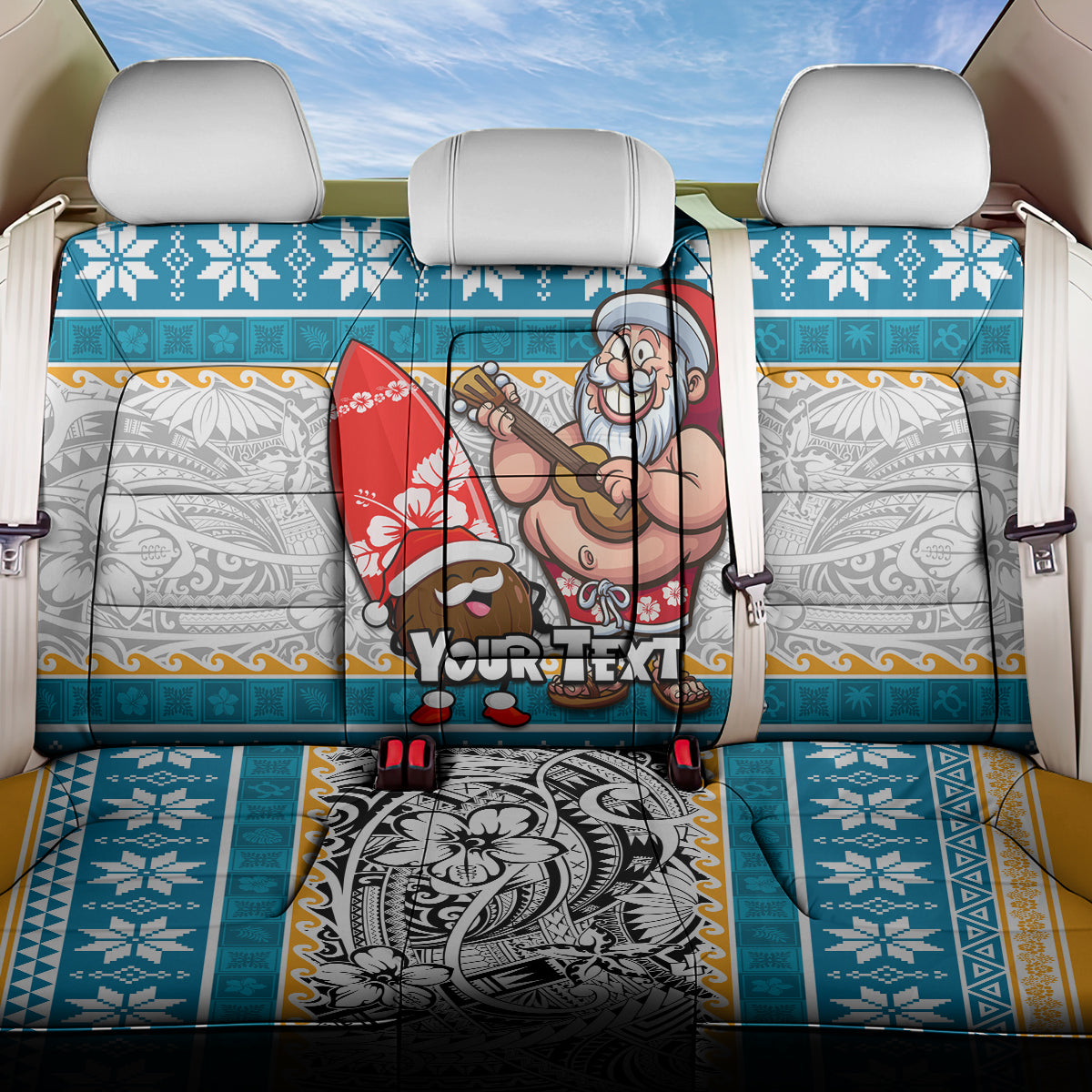 Custom Hawaii Mele Kalikimaka Back Car Seat Cover Funny Santa and Coconut Mix Kakau Pattern LT03 One Size Blue - Polynesian Pride