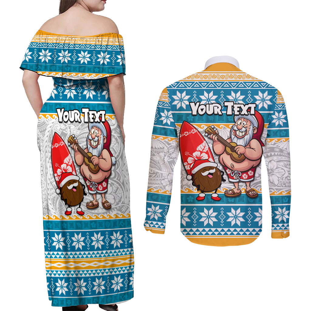 Custom Hawaii Mele Kalikimaka Couples Matching Off Shoulder Maxi Dress and Long Sleeve Button Shirt Funny Santa and Coconut Mix Kakau Pattern LT03 - Polynesian Pride