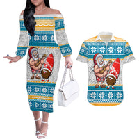 Custom Hawaii Mele Kalikimaka Couples Matching Off The Shoulder Long Sleeve Dress and Hawaiian Shirt Funny Santa and Coconut Mix Kakau Pattern LT03 Blue - Polynesian Pride