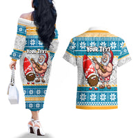 Custom Hawaii Mele Kalikimaka Couples Matching Off The Shoulder Long Sleeve Dress and Hawaiian Shirt Funny Santa and Coconut Mix Kakau Pattern LT03 - Polynesian Pride