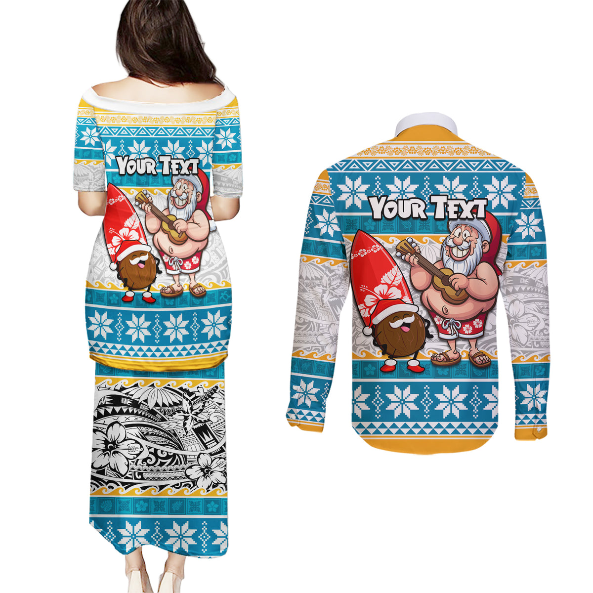 Custom Hawaii Mele Kalikimaka Couples Matching Puletasi Dress and Long Sleeve Button Shirt Funny Santa and Coconut Mix Kakau Pattern LT03 - Polynesian Pride
