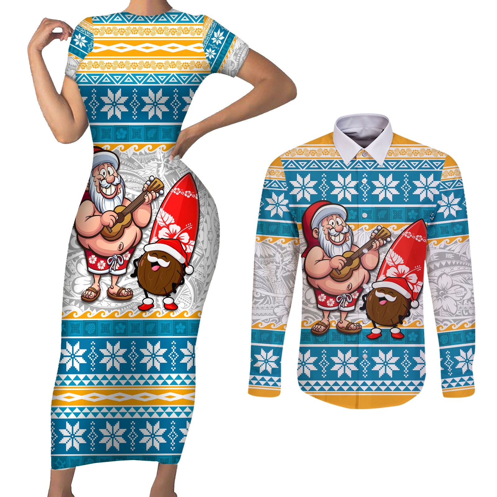 Custom Hawaii Mele Kalikimaka Couples Matching Short Sleeve Bodycon Dress and Long Sleeve Button Shirt Funny Santa and Coconut Mix Kakau Pattern LT03 Blue - Polynesian Pride