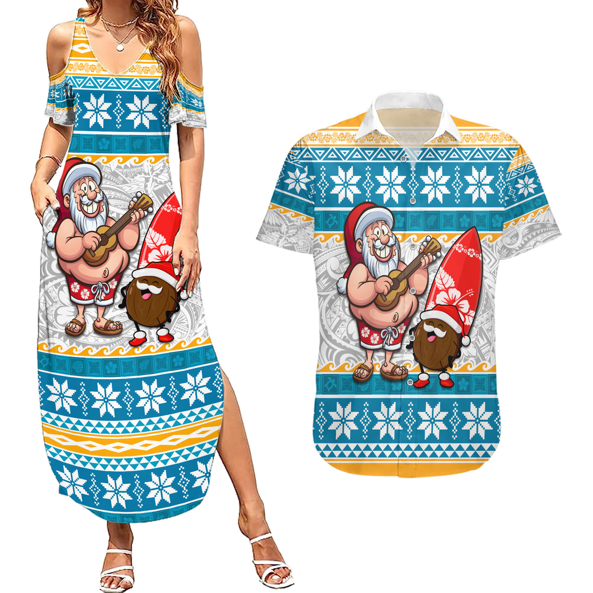Custom Hawaii Mele Kalikimaka Couples Matching Summer Maxi Dress and Hawaiian Shirt Funny Santa and Coconut Mix Kakau Pattern LT03 Blue - Polynesian Pride
