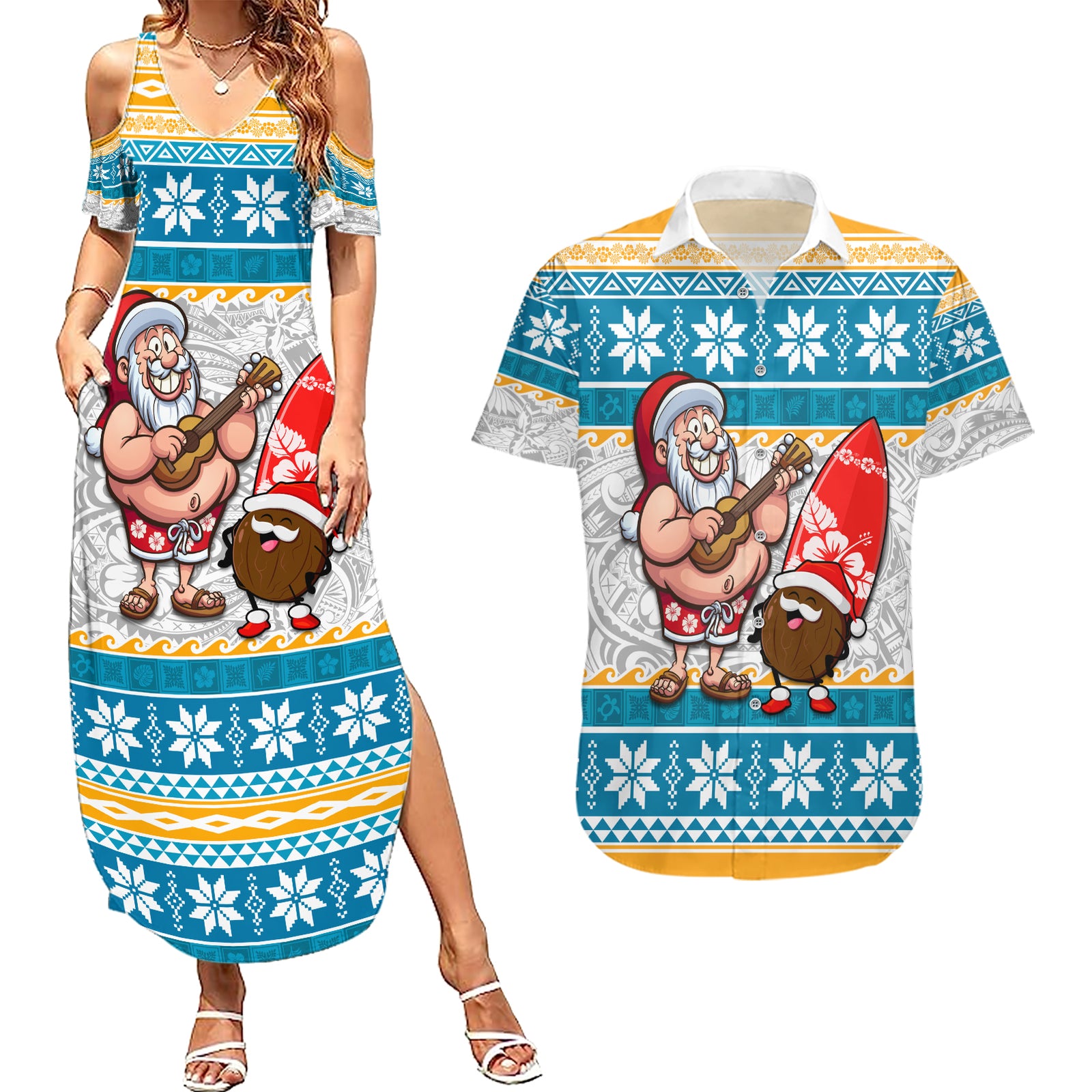 Custom Hawaii Mele Kalikimaka Couples Matching Summer Maxi Dress and Hawaiian Shirt Funny Santa and Coconut Mix Kakau Pattern LT03 Blue - Polynesian Pride