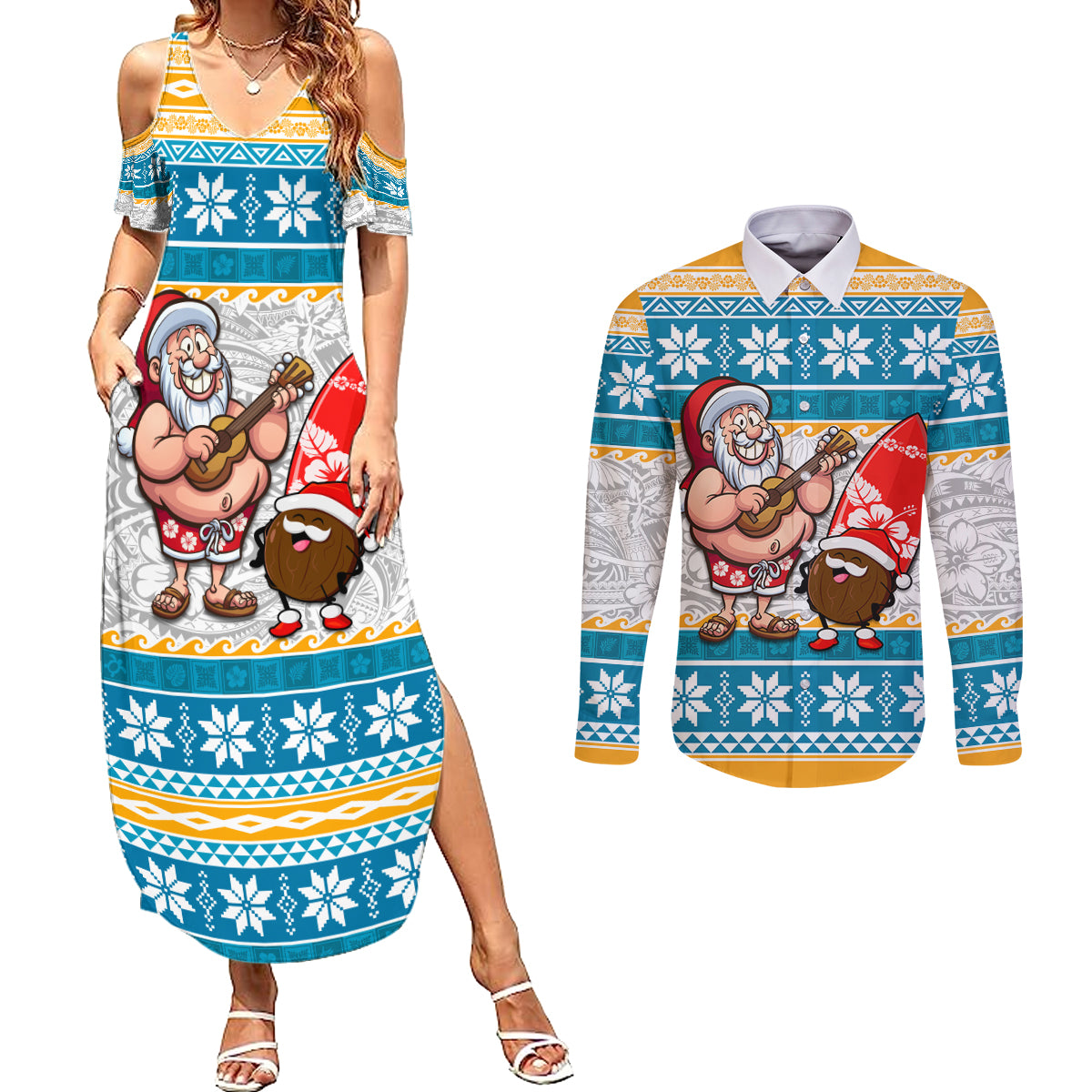 Custom Hawaii Mele Kalikimaka Couples Matching Summer Maxi Dress and Long Sleeve Button Shirt Funny Santa and Coconut Mix Kakau Pattern LT03 Blue - Polynesian Pride