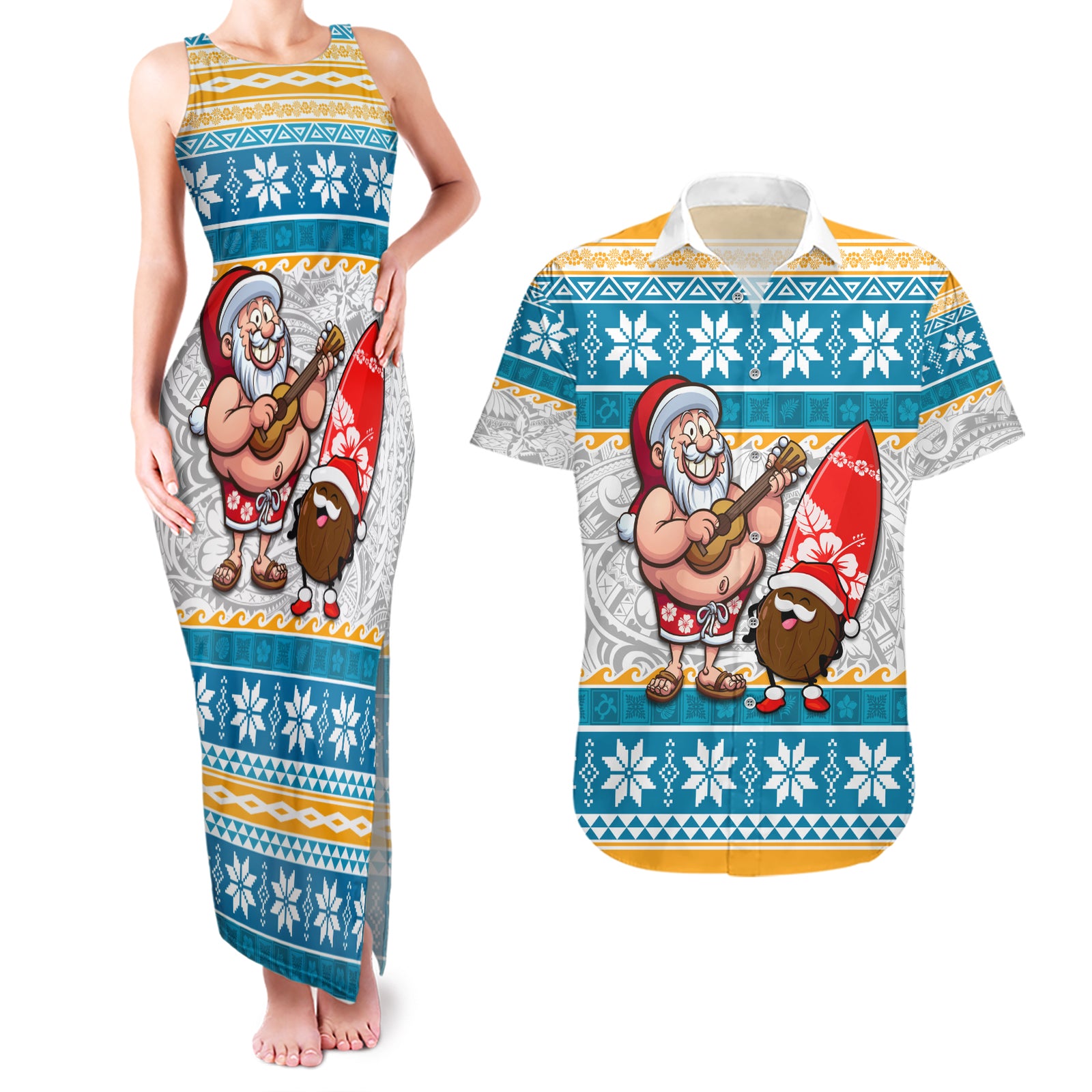 Custom Hawaii Mele Kalikimaka Couples Matching Tank Maxi Dress and Hawaiian Shirt Funny Santa and Coconut Mix Kakau Pattern LT03 Blue - Polynesian Pride