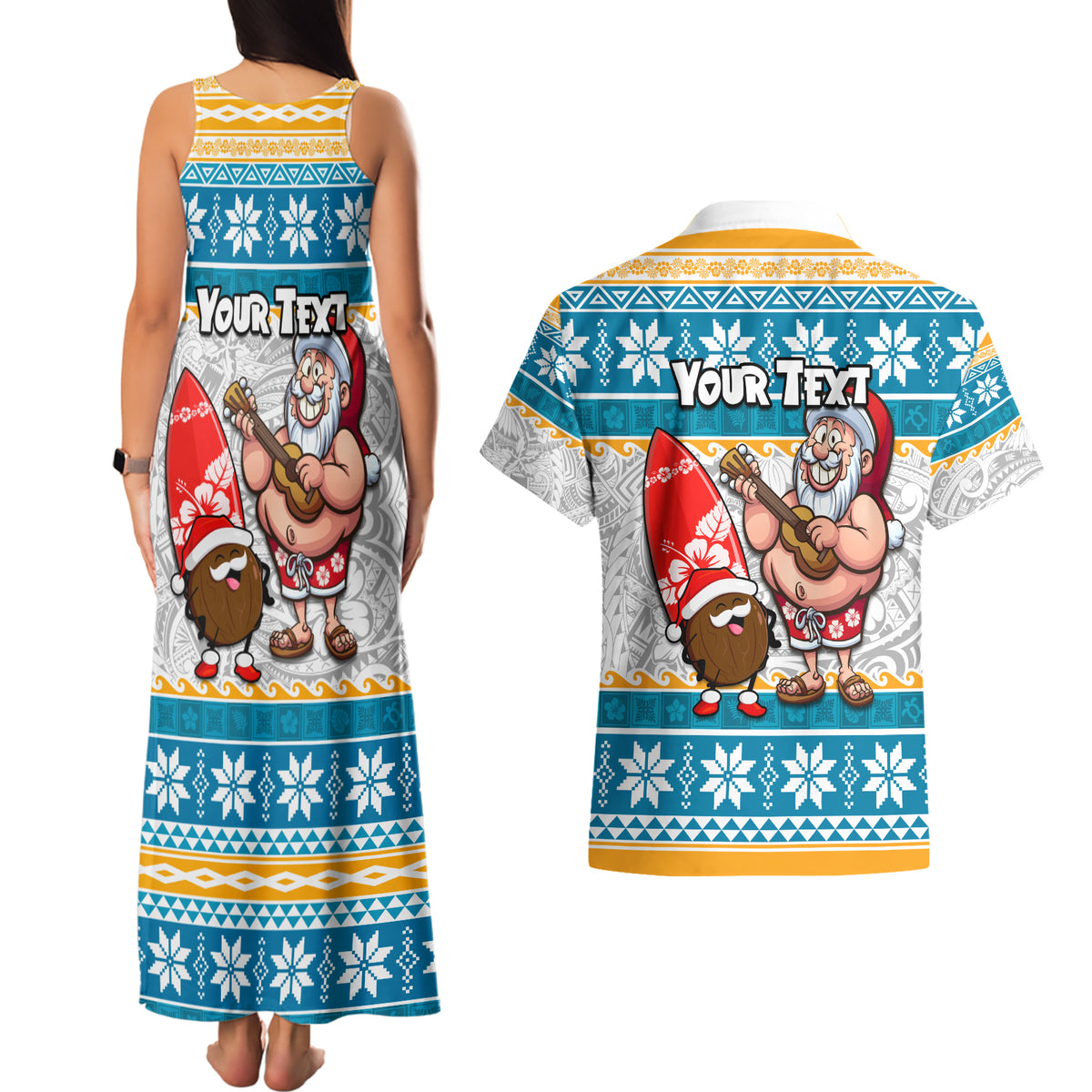 Custom Hawaii Mele Kalikimaka Couples Matching Tank Maxi Dress and Hawaiian Shirt Funny Santa and Coconut Mix Kakau Pattern LT03 - Polynesian Pride