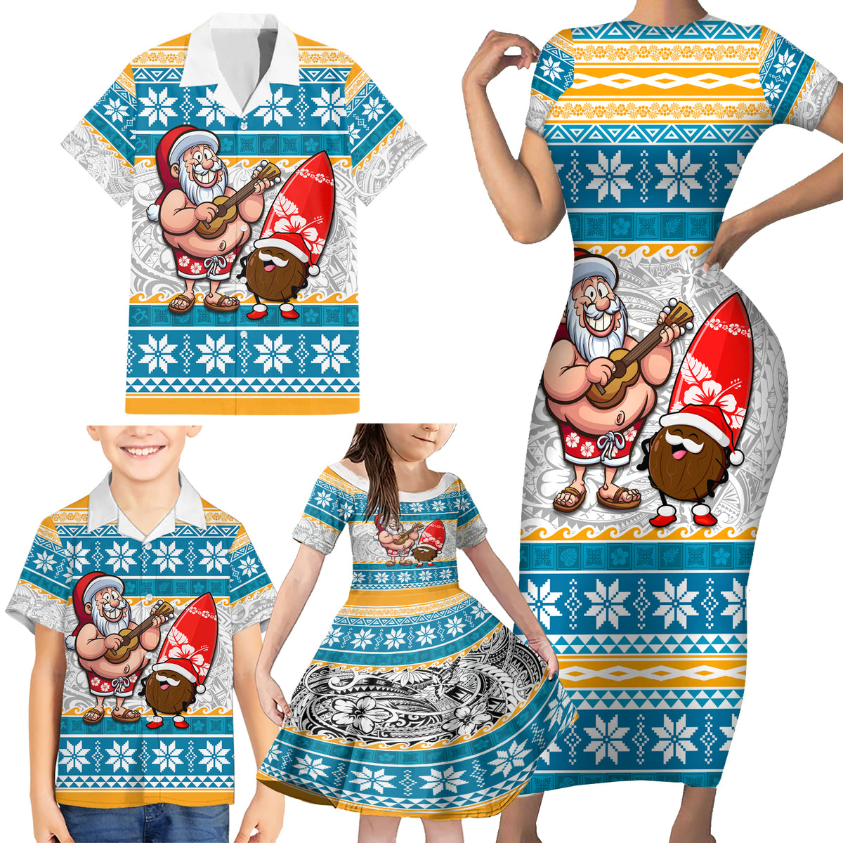 Custom Hawaii Mele Kalikimaka Family Matching Short Sleeve Bodycon Dress and Hawaiian Shirt Funny Santa and Coconut Mix Kakau Pattern LT03 - Polynesian Pride