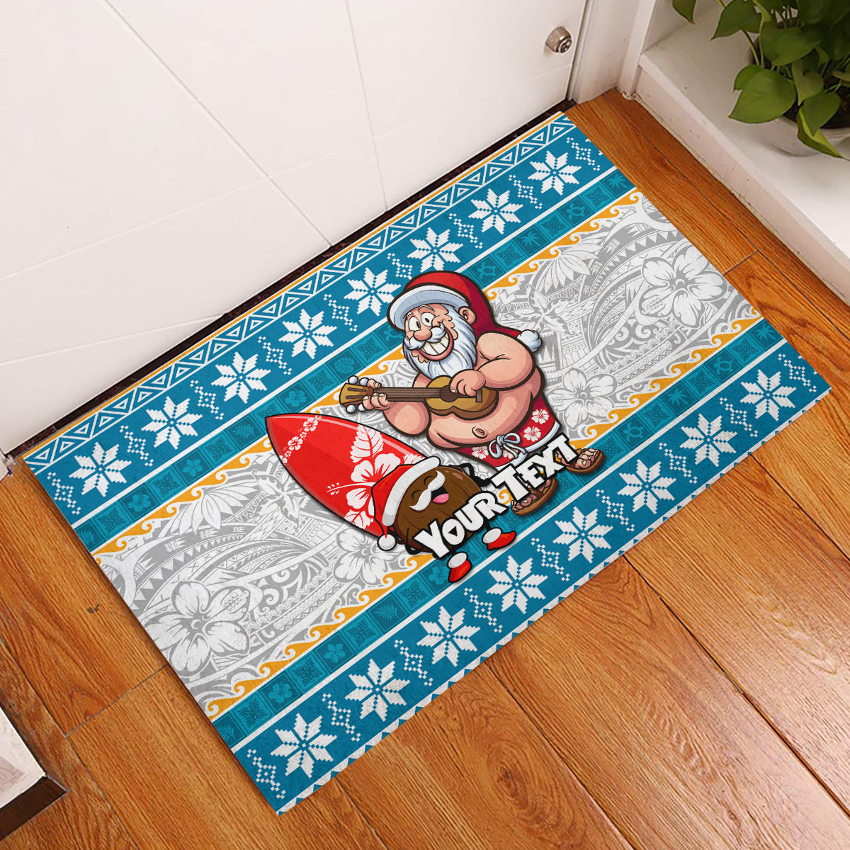 Custom Hawaii Mele Kalikimaka Rubber Doormat Funny Santa and Coconut Mix Kakau Pattern LT03 Blue - Polynesian Pride