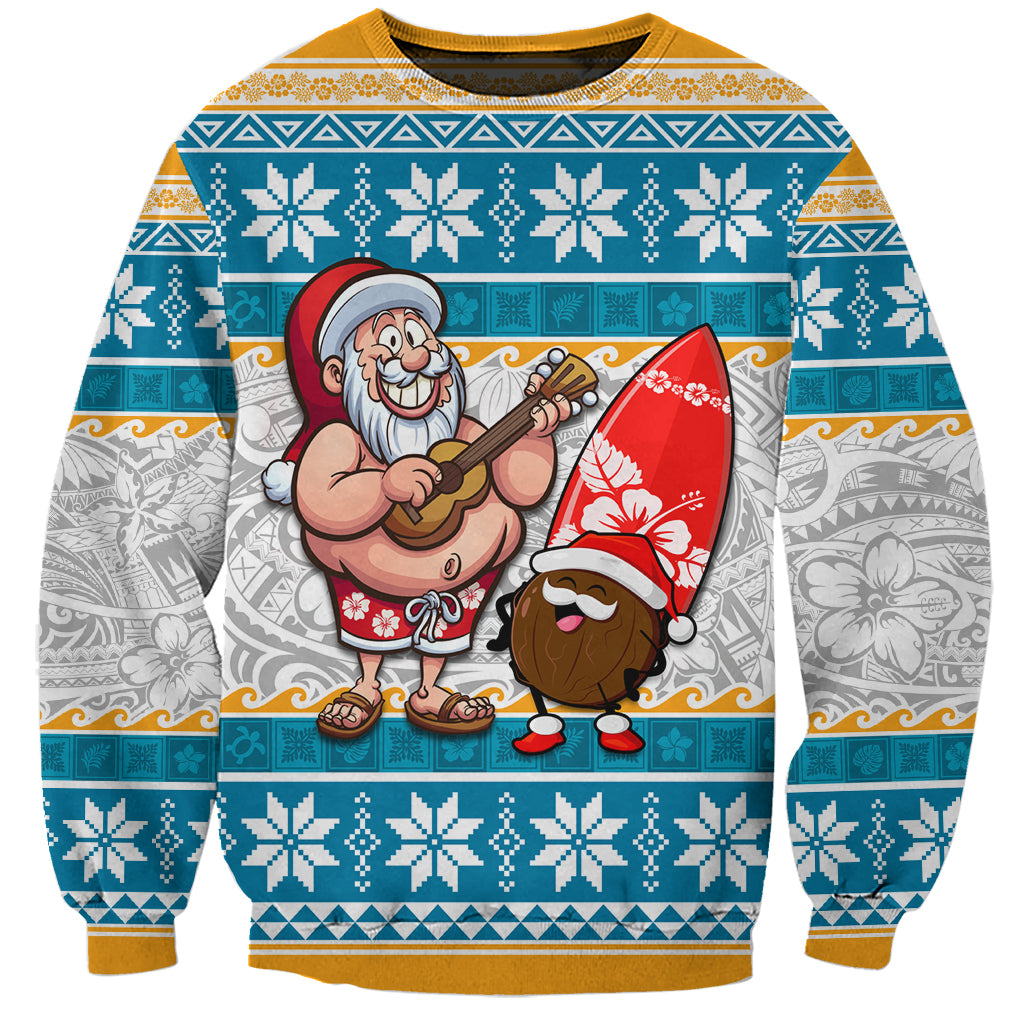 Custom Hawaii Mele Kalikimaka Sweatshirt Funny Santa and Coconut Mix Kakau Pattern LT03 Unisex Blue - Polynesian Pride