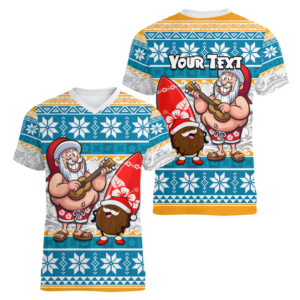 Custom Hawaii Mele Kalikimaka Women V Neck T Shirt Funny Santa and Coconut Mix Kakau Pattern LT03 - Polynesian Pride