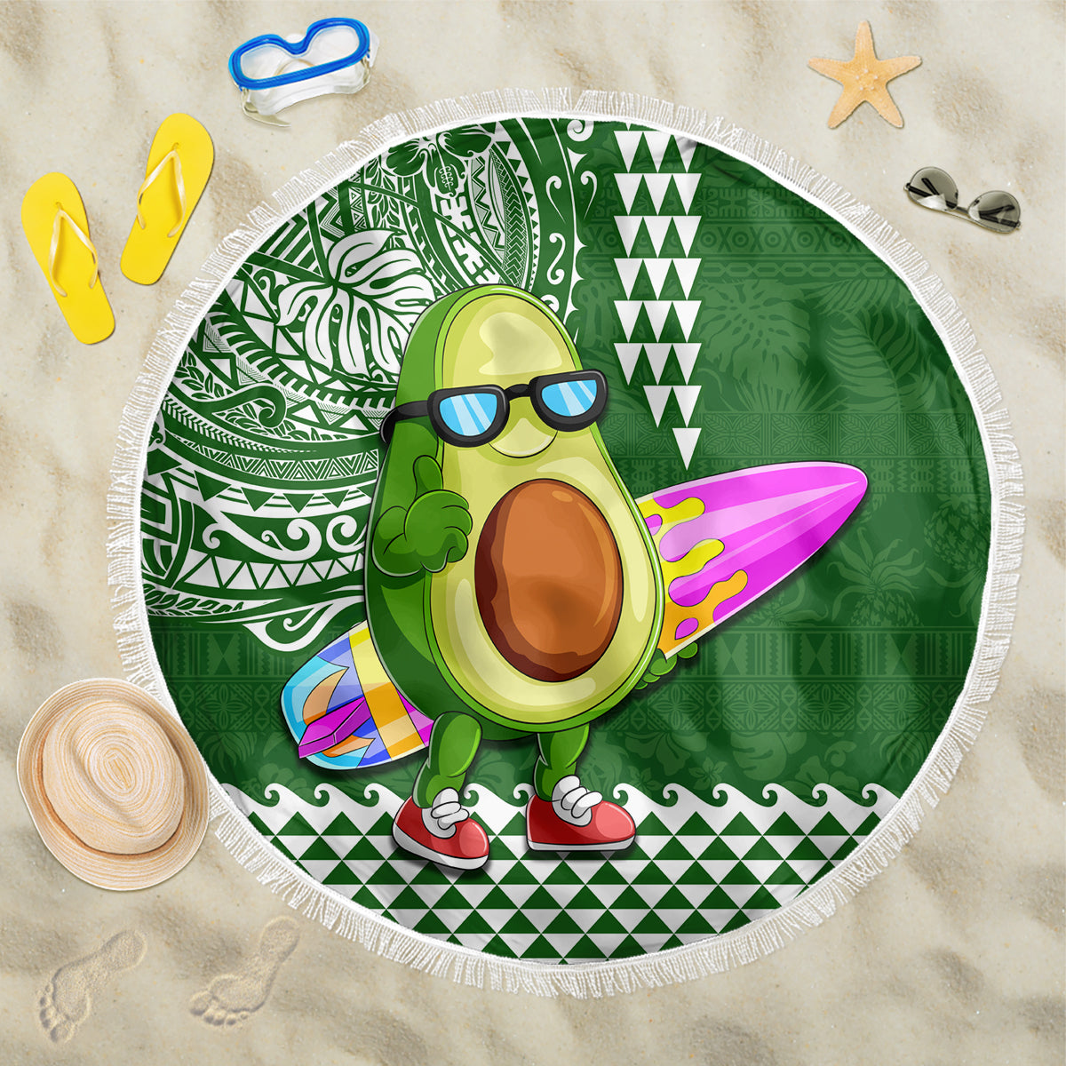 Hawaii Beach Blanket Aloha Funny Avocado Mix Kakau Hawaiian Tribal LT03 One Size 150cm Green - Polynesian Pride
