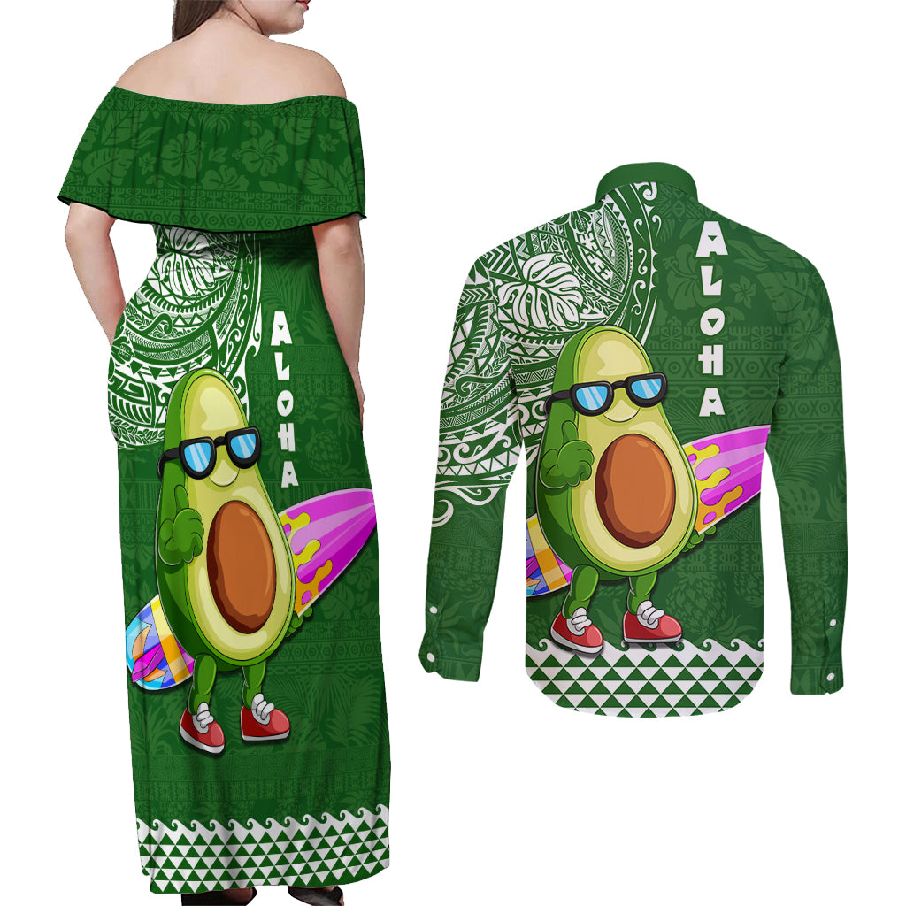 Hawaii Couples Matching Off Shoulder Maxi Dress and Long Sleeve Button Shirt Aloha Funny Avocado Mix Kakau Hawaiian Tribal LT03 - Polynesian Pride