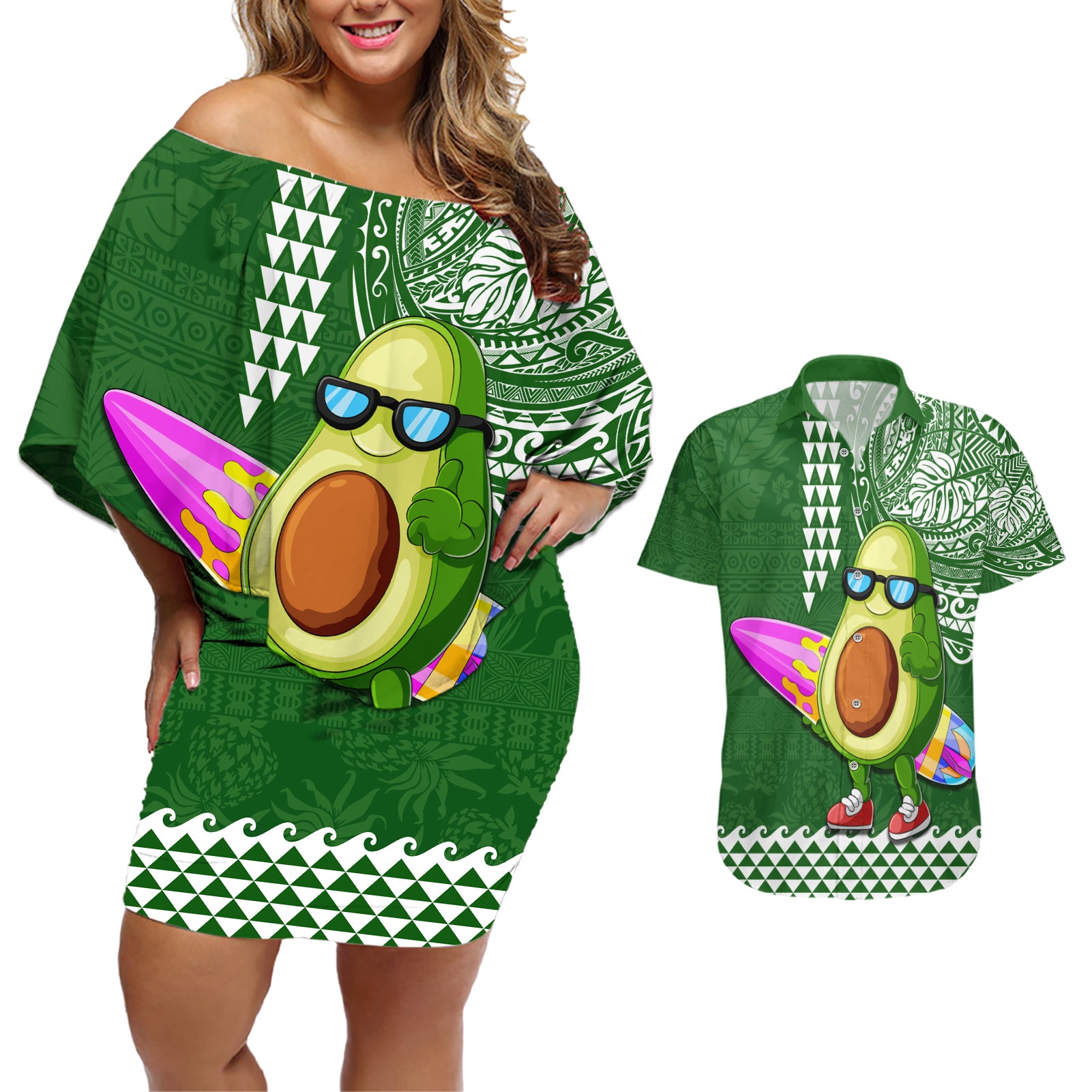 Hawaii Couples Matching Off Shoulder Short Dress and Hawaiian Shirt Aloha Funny Avocado Mix Kakau Hawaiian Tribal LT03 Green - Polynesian Pride