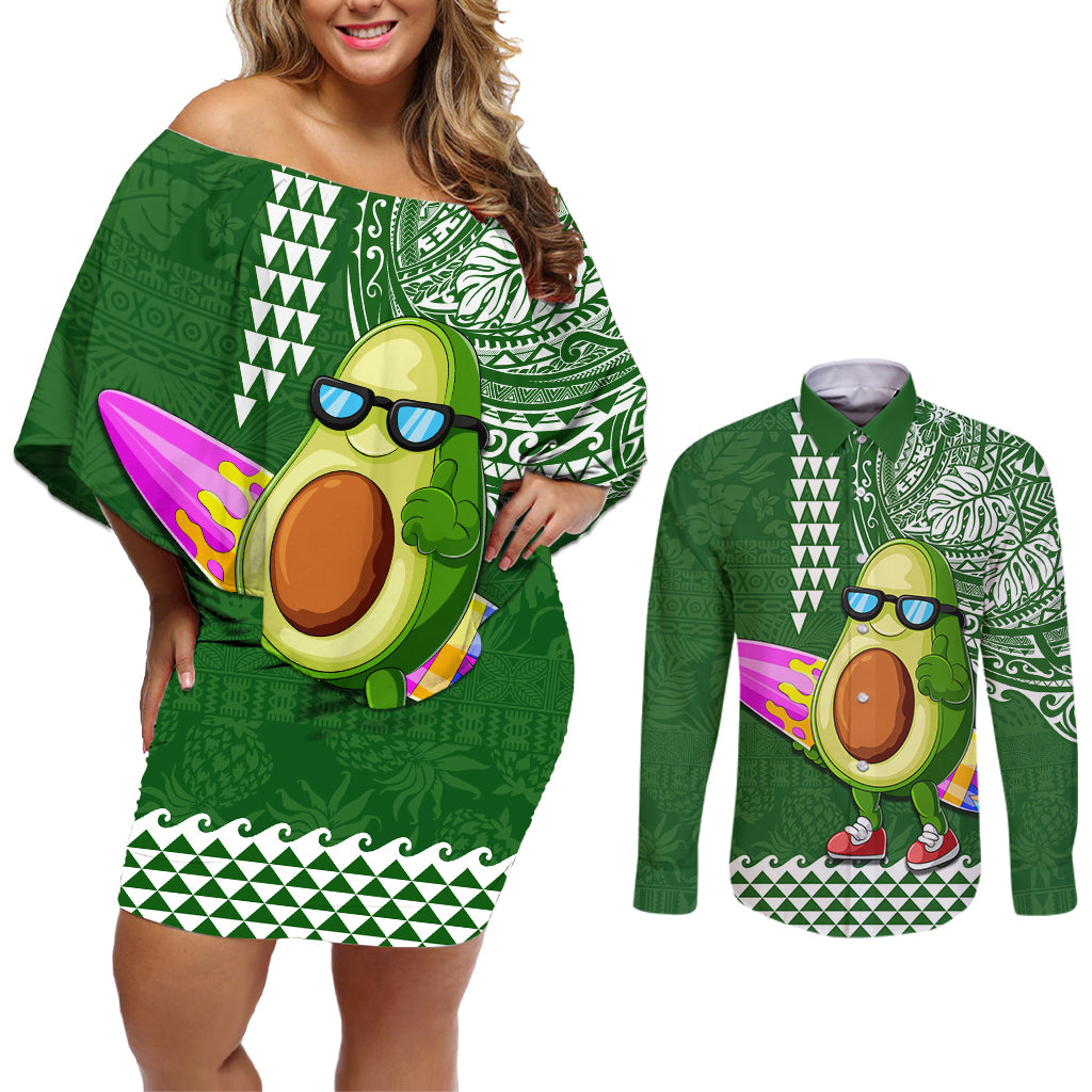 Hawaii Couples Matching Off Shoulder Short Dress and Long Sleeve Button Shirt Aloha Funny Avocado Mix Kakau Hawaiian Tribal LT03 Green - Polynesian Pride