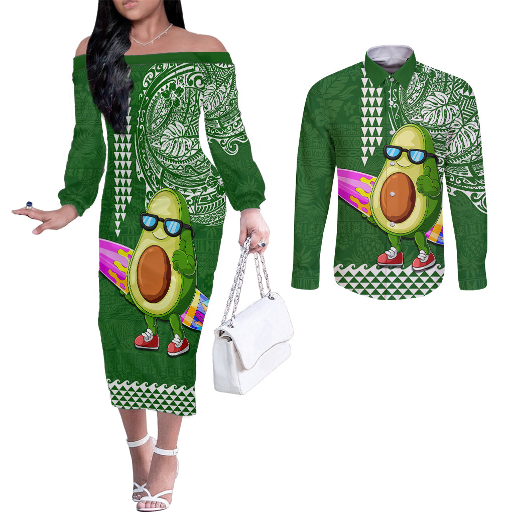 Hawaii Couples Matching Off The Shoulder Long Sleeve Dress and Long Sleeve Button Shirt Aloha Funny Avocado Mix Kakau Hawaiian Tribal LT03 Green - Polynesian Pride