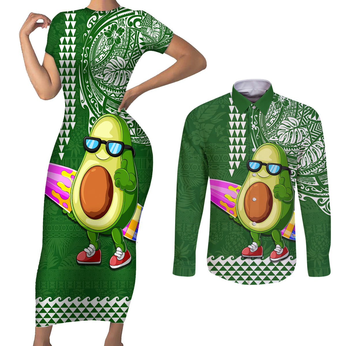 Hawaii Couples Matching Short Sleeve Bodycon Dress and Long Sleeve Button Shirt Aloha Funny Avocado Mix Kakau Hawaiian Tribal LT03 Green - Polynesian Pride