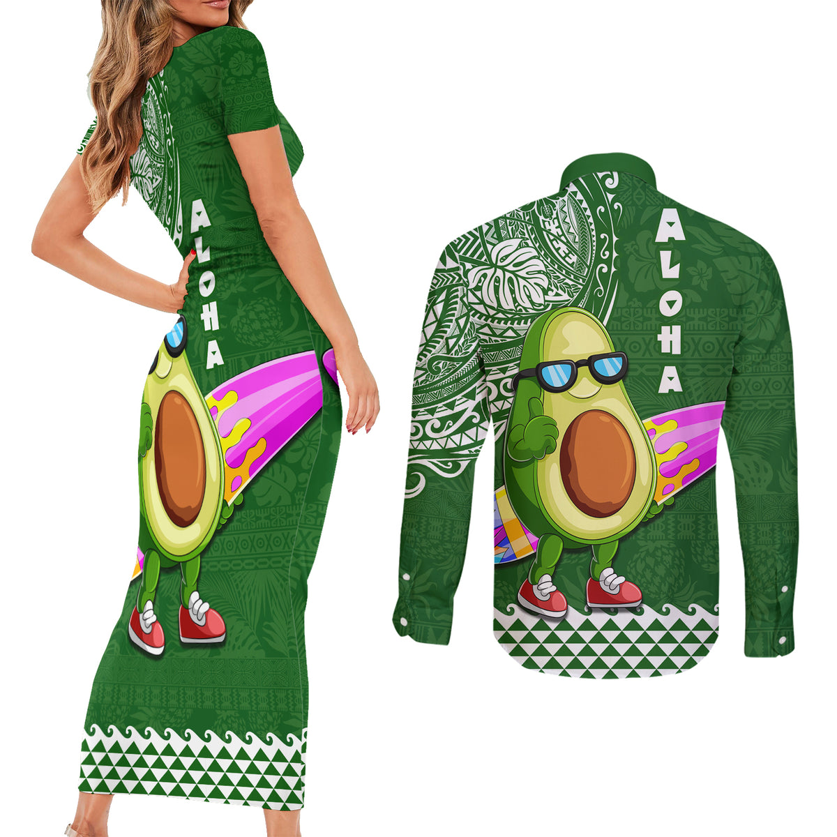 Hawaii Couples Matching Short Sleeve Bodycon Dress and Long Sleeve Button Shirt Aloha Funny Avocado Mix Kakau Hawaiian Tribal LT03 - Polynesian Pride