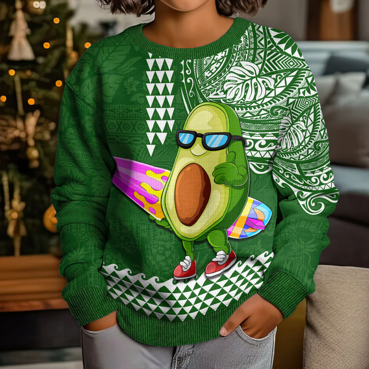Hawaii Kid Ugly Christmas Sweater Aloha Funny Avocado Mix Kakau Hawaiian Tribal LT03 - Polynesian Pride