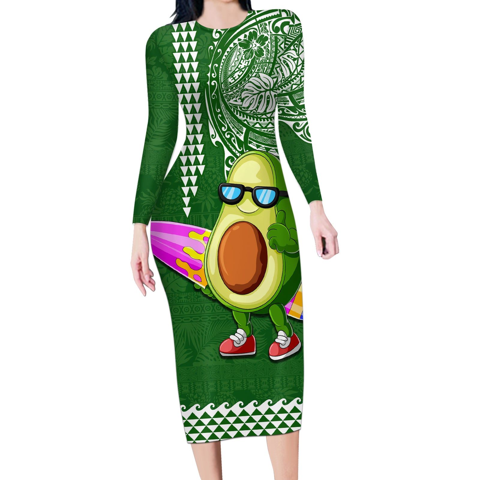 Hawaii Long Sleeve Bodycon Dress Aloha Funny Avocado Mix Kakau Hawaiian Tribal LT03 Long Dress Green - Polynesian Pride