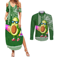 Aloha Avocado Funny Fruits Custom Couples Matching Summer Maxi Dress and Long Sleeve Button Shirt Mix Hawaiian Kakau Tribal LT03 Green - Polynesian Pride