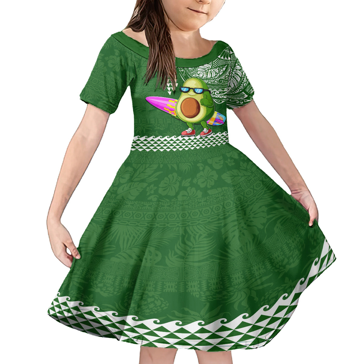 Aloha Avocado Funny Fruits Custom Family Matching Tank Maxi Dress and Hawaiian Shirt Mix Hawaiian Kakau Tribal LT03 Daughter's Dress Green - Polynesian Pride