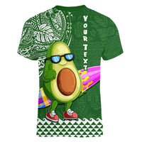 Aloha Avocado Funny Fruits Custom Women V Neck T Shirt Mix Hawaiian Kakau Tribal LT03 - Polynesian Pride