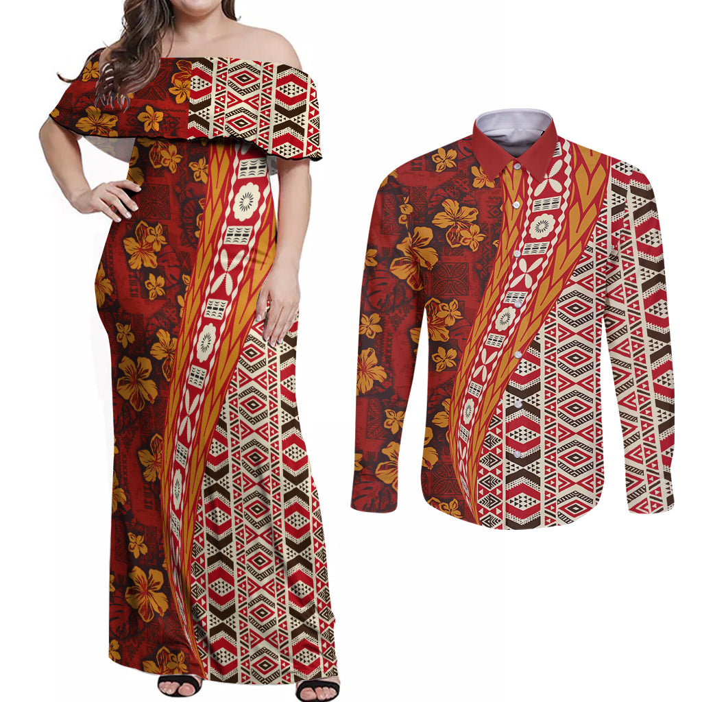 Hawaii Native Tapa Elements and Hibiscus Flowers Couples Matching Off Shoulder Maxi Dress and Long Sleeve Button Shirt LT03 Red - Polynesian Pride