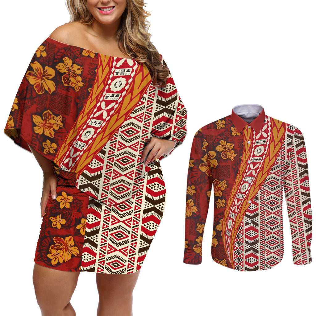 Hawaii Native Tapa Elements and Hibiscus Flowers Couples Matching Off Shoulder Short Dress and Long Sleeve Button Shirt LT03 Red - Polynesian Pride