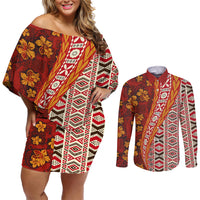 Hawaii Native Tapa Elements and Hibiscus Flowers Couples Matching Off Shoulder Short Dress and Long Sleeve Button Shirt LT03 Red - Polynesian Pride