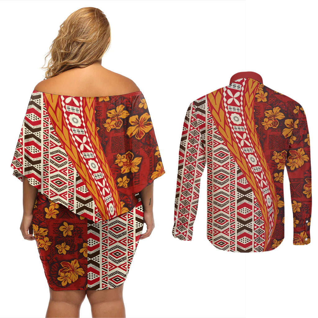 Hawaii Native Tapa Elements and Hibiscus Flowers Couples Matching Off Shoulder Short Dress and Long Sleeve Button Shirt LT03 - Polynesian Pride