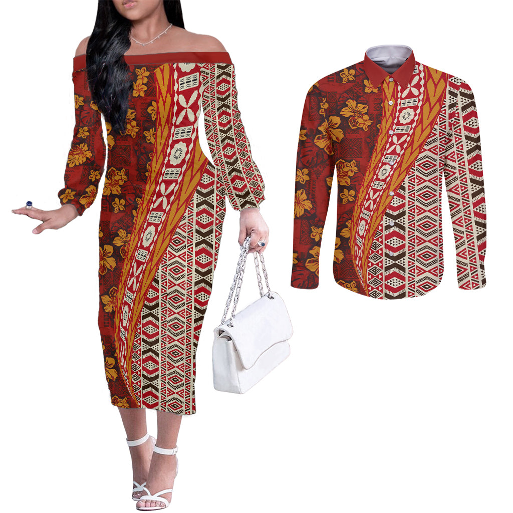 Hawaii Native Tapa Elements and Hibiscus Flowers Couples Matching Off The Shoulder Long Sleeve Dress and Long Sleeve Button Shirt LT03 Red - Polynesian Pride