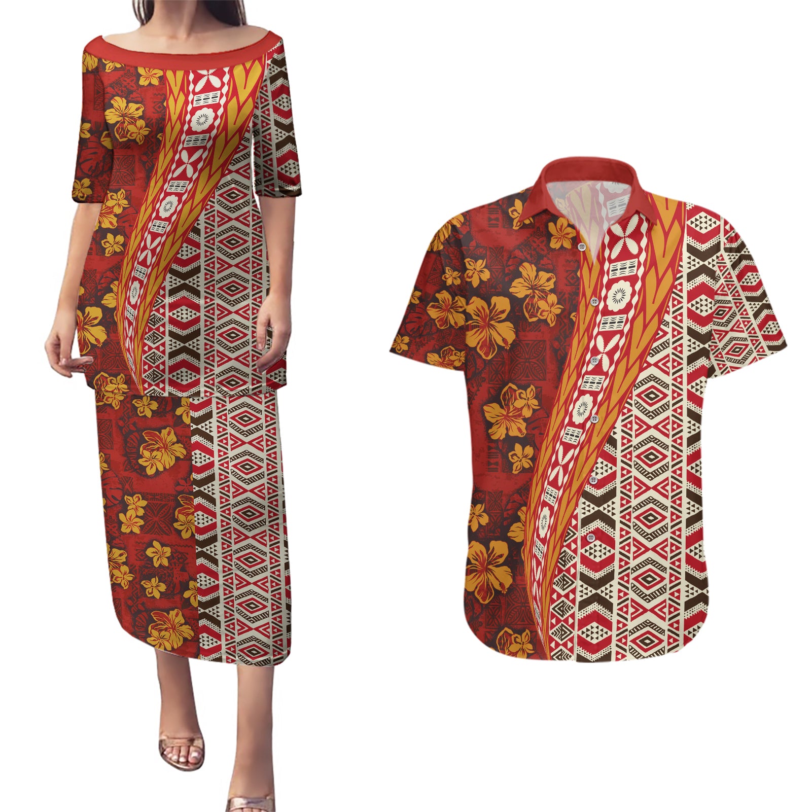 Hawaii Native Tapa Elements and Hibiscus Flowers Couples Matching Puletasi and Hawaiian Shirt LT03 Red - Polynesian Pride