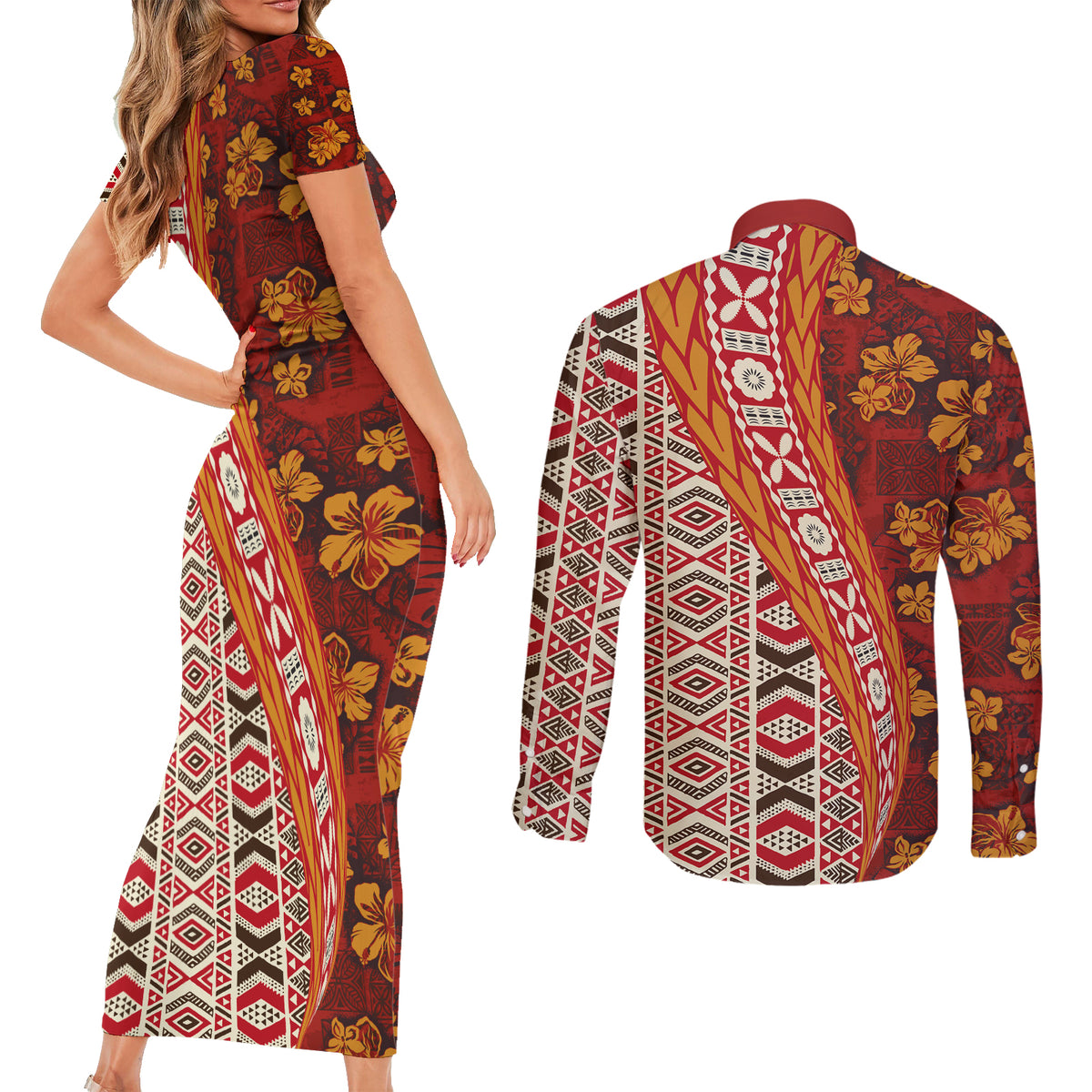 Hawaii Native Tapa Elements and Hibiscus Flowers Couples Matching Short Sleeve Bodycon Dress and Long Sleeve Button Shirt LT03 - Polynesian Pride