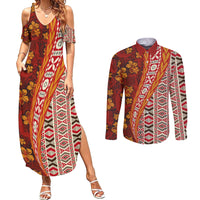 Hawaii Native Tapa Elements and Hibiscus Flowers Couples Matching Summer Maxi Dress and Long Sleeve Button Shirt LT03 Red - Polynesian Pride