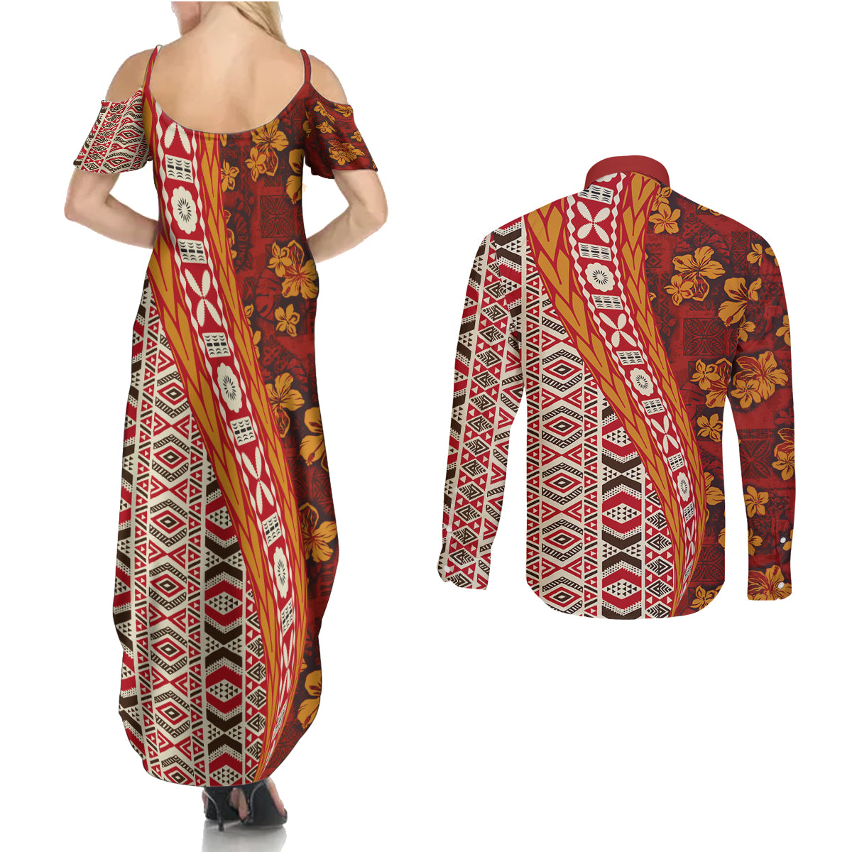 Hawaii Native Tapa Elements and Hibiscus Flowers Couples Matching Summer Maxi Dress and Long Sleeve Button Shirt LT03 - Polynesian Pride