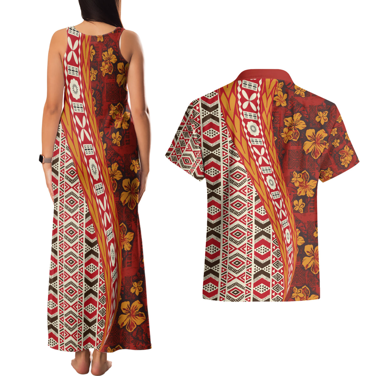 Hawaii Native Tapa Elements and Hibiscus Flowers Couples Matching Tank Maxi Dress and Hawaiian Shirt LT03 - Polynesian Pride