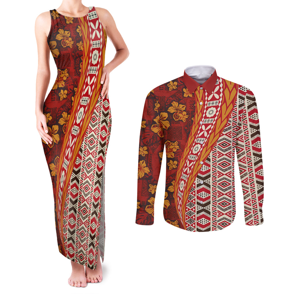 Hawaii Native Tapa Elements and Hibiscus Flowers Couples Matching Tank Maxi Dress and Long Sleeve Button Shirt LT03 Red - Polynesian Pride