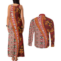 Hawaii Native Tapa Elements and Hibiscus Flowers Couples Matching Tank Maxi Dress and Long Sleeve Button Shirt LT03 - Polynesian Pride