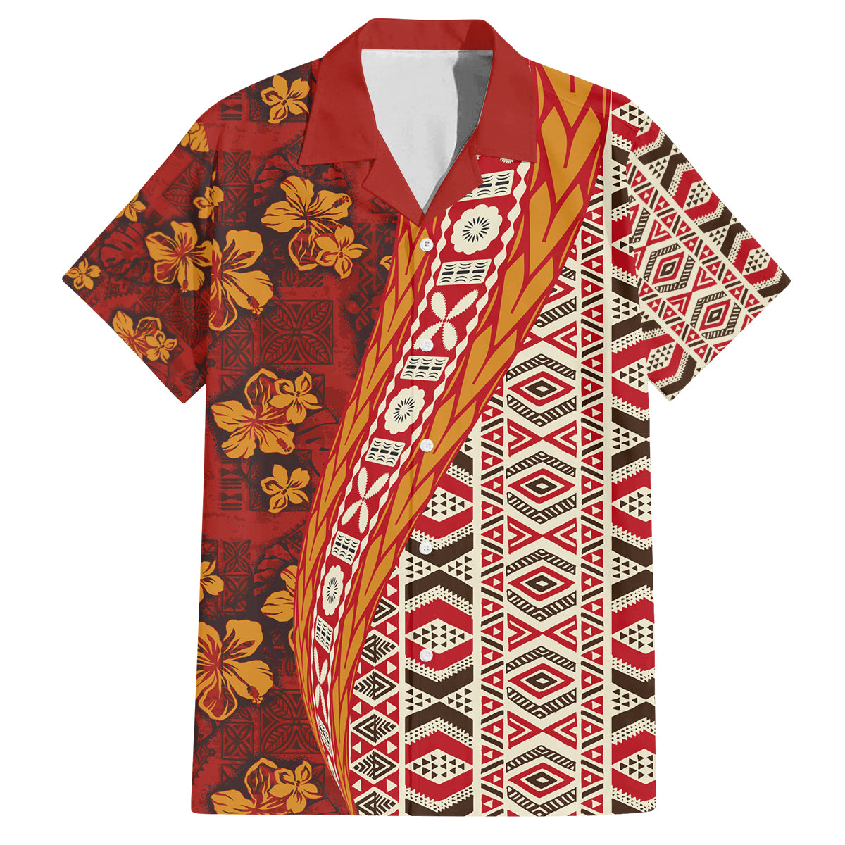 Hawaii Native Tapa Elements and Hibiscus Flowers Family Matching Long Sleeve Bodycon Dress and Hawaiian Shirt LT03 Dad's Shirt - Short Sleeve Red - Polynesian Pride