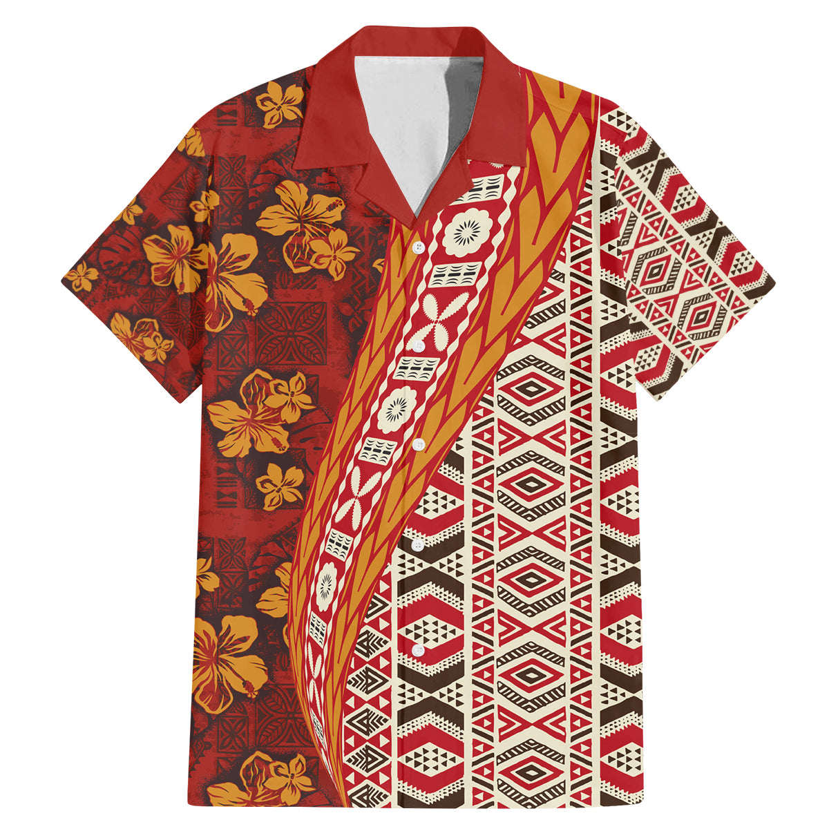 Hawaii Native Tapa Elements and Hibiscus Flowers Family Matching Mermaid Dress and Hawaiian Shirt LT03 Dad's Shirt - Short Sleeve Red - Polynesian Pride