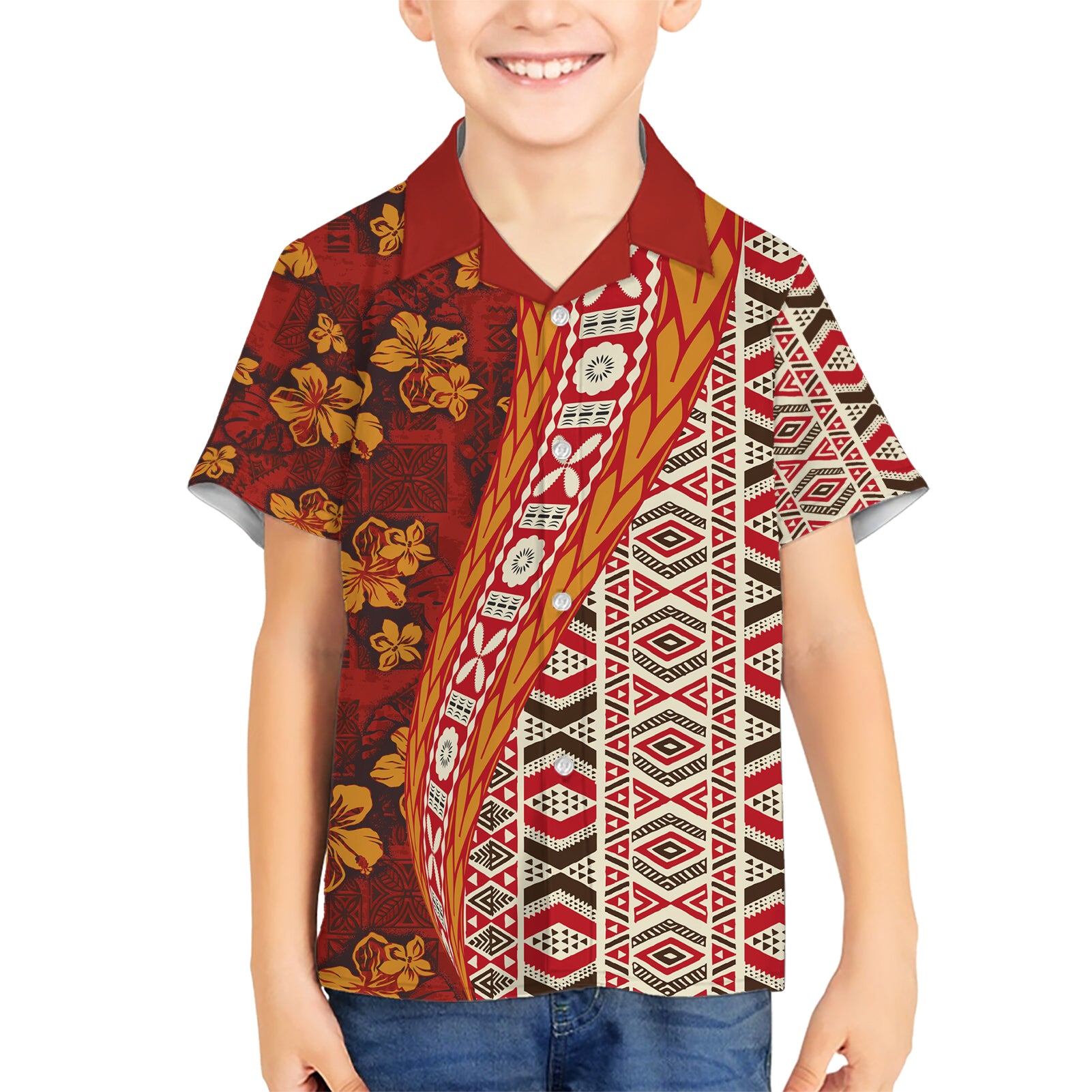 Hawaii Native Tapa Elements and Hibiscus Flowers Kid Hawaiian Shirt LT03 Kid Red - Polynesian Pride