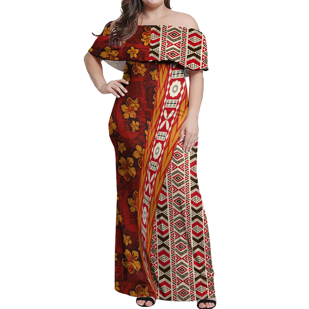 Hawaii Native Tapa Elements and Hibiscus Flowers Off Shoulder Maxi Dress LT03 Women Red - Polynesian Pride